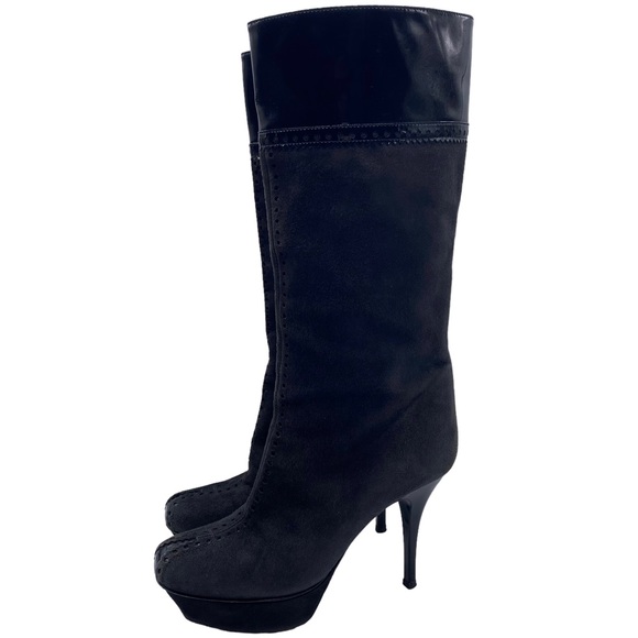 Yves Saint Laurent Boot Tribute Gray Suede Black Leather Platform Heeled Size 7 - Picture 1 of 15